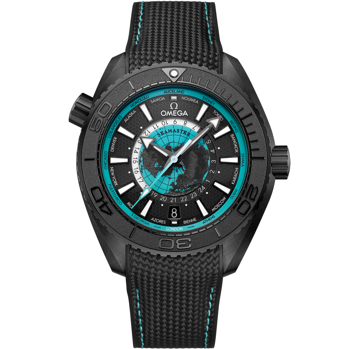 OMEGA Seamaster Planet Ocean Worldtimer 215.92.46.22.01.006, 45.5 mm black ceramic with black dial – front view
