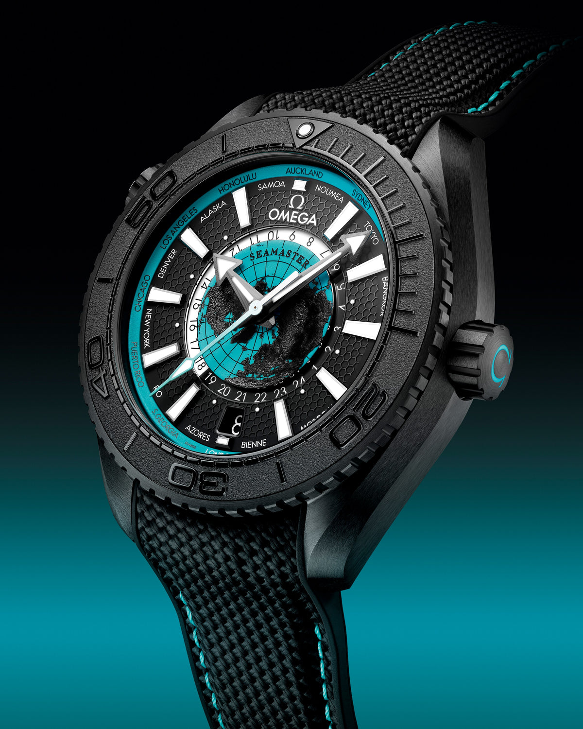OMEGA Seamaster Planet Ocean Worldtimer 215.92.46.22.01.006, 45.5 mm black ceramic with black dial – official gallery image 4