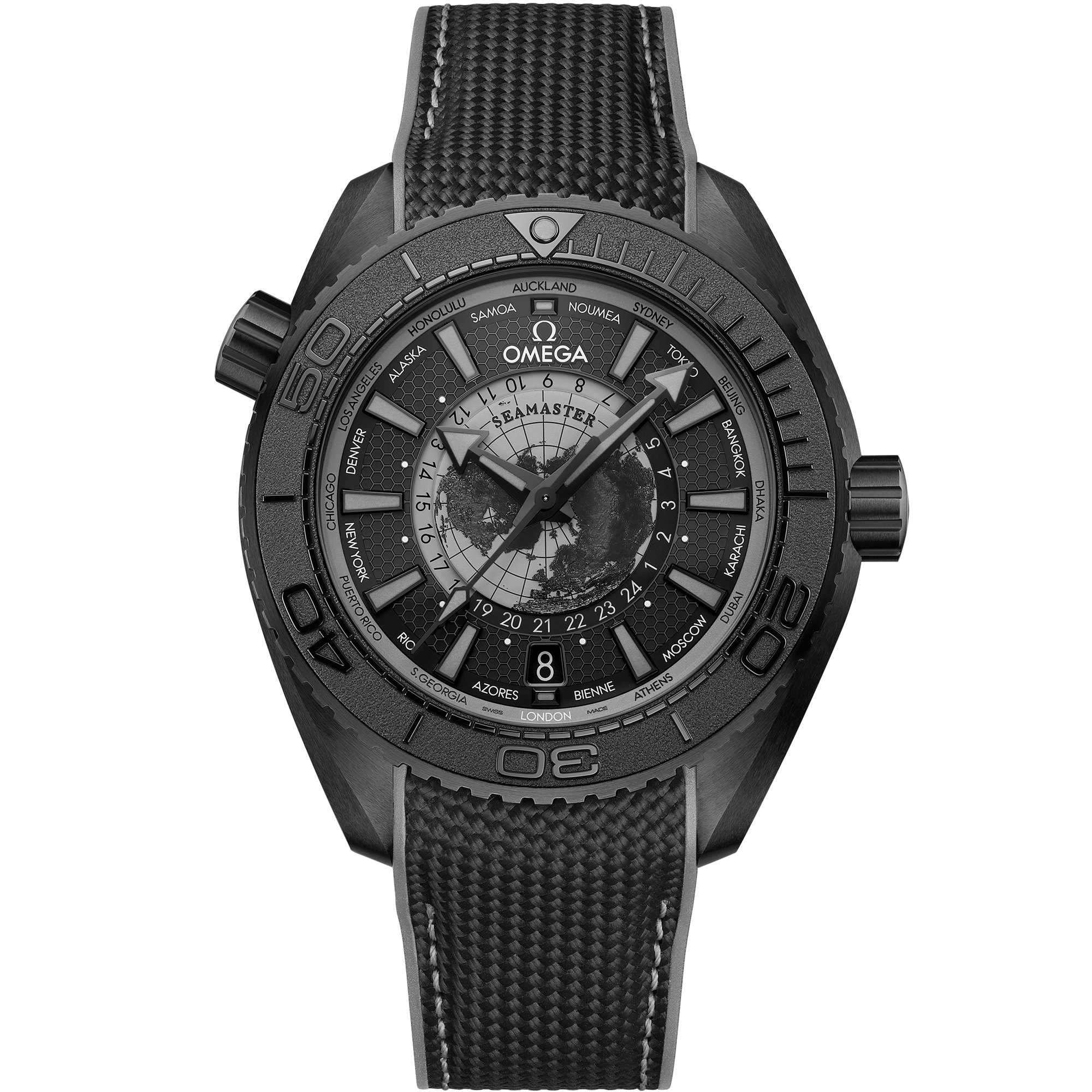 Omega Seamaster Planet Ocean Worldtimer 215.92.46.22.01.007 45.5 mm Black Ceramic Black Dial Black Rubber Strap Watch for Men