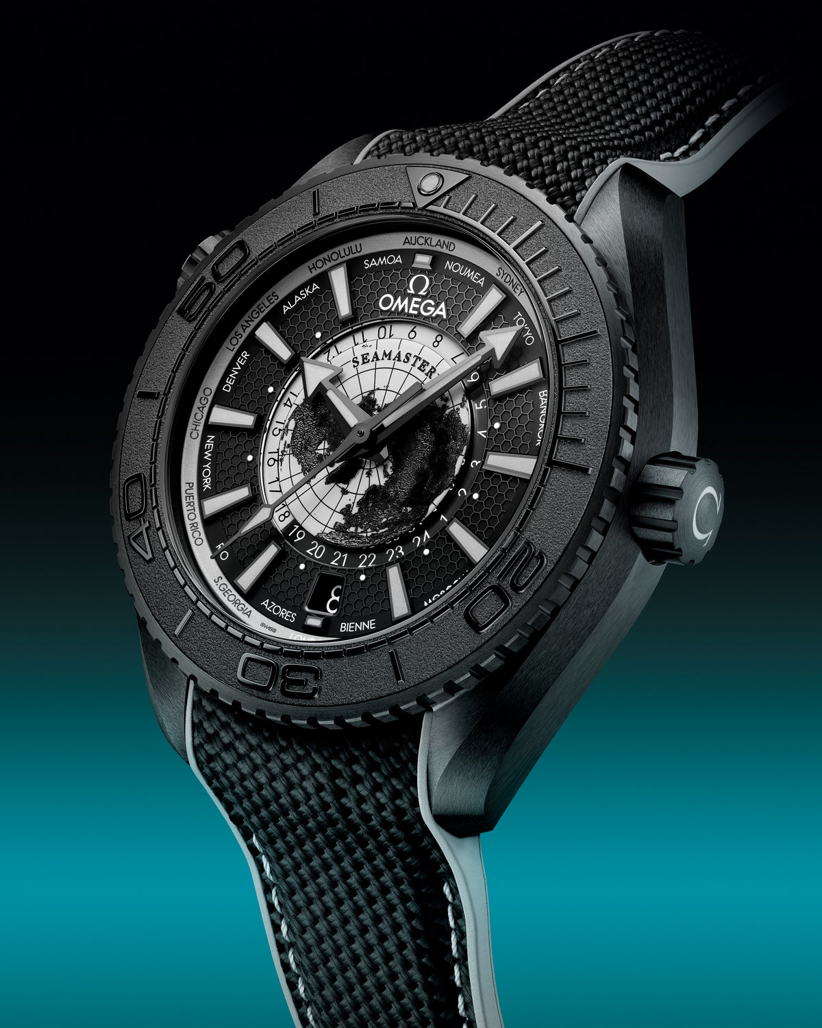 OMEGA Seamaster Planet Ocean Worldtimer 215.92.46.22.01.007, 45.5 mm black ceramic with black dial – official gallery image 4