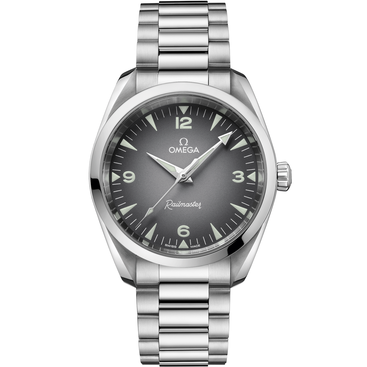OMEGA Seamaster Railmaster 235.10.38.20.06.001, 38 mm steel with grey dial – front view