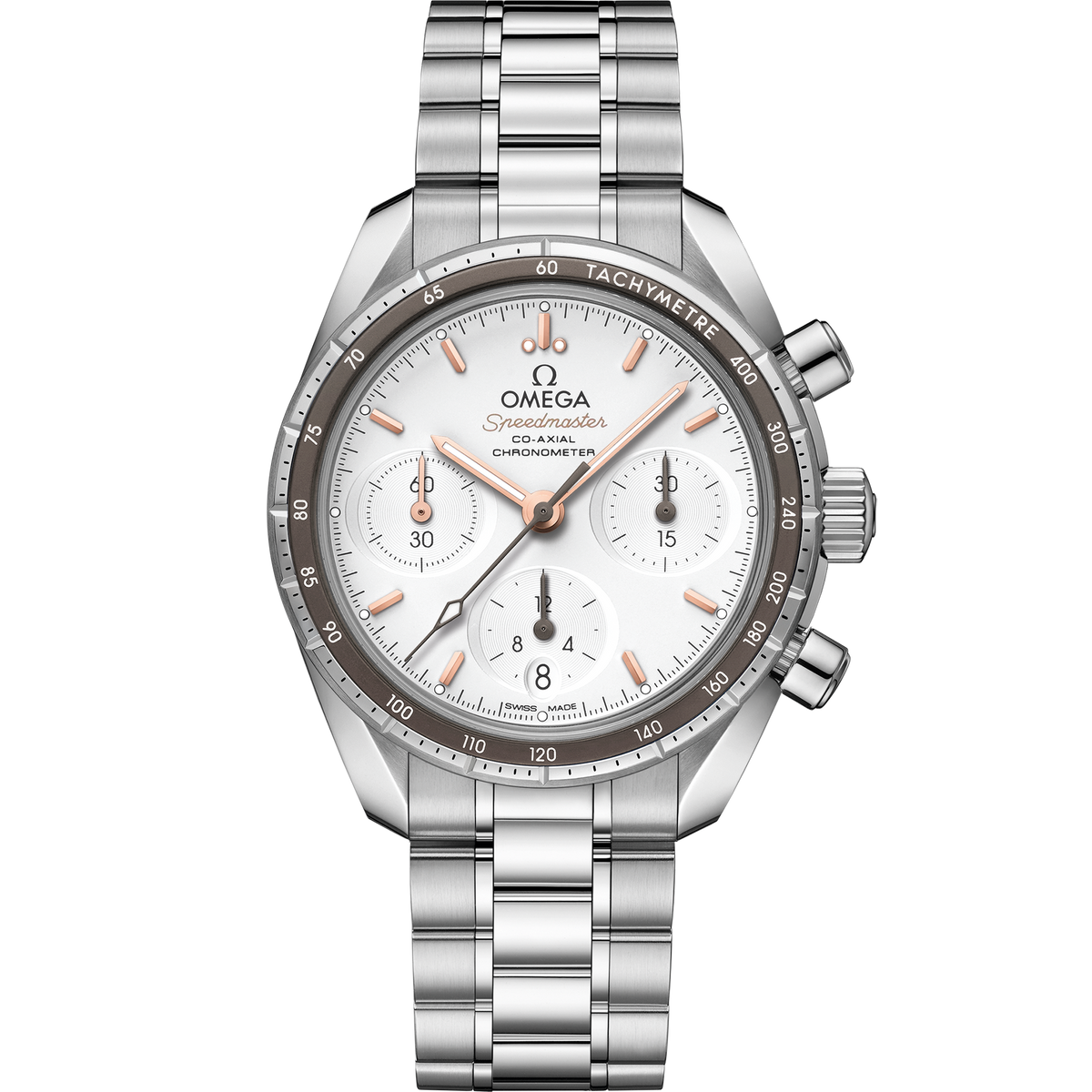 OMEGA Speedmaster 38 324.30.38.50.02.001, 38 mm steel with silver dial – front view