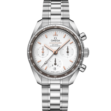 OMEGA Speedmaster 38 324.30.38.50.02.001, 38 mm steel with silver dial – front view