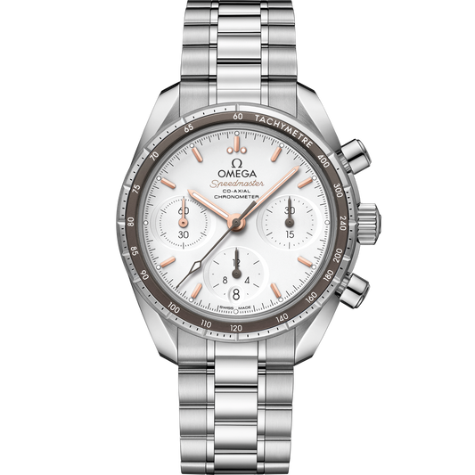OMEGA Speedmaster 38 324.30.38.50.02.001, 38 mm steel with silver dial – front view