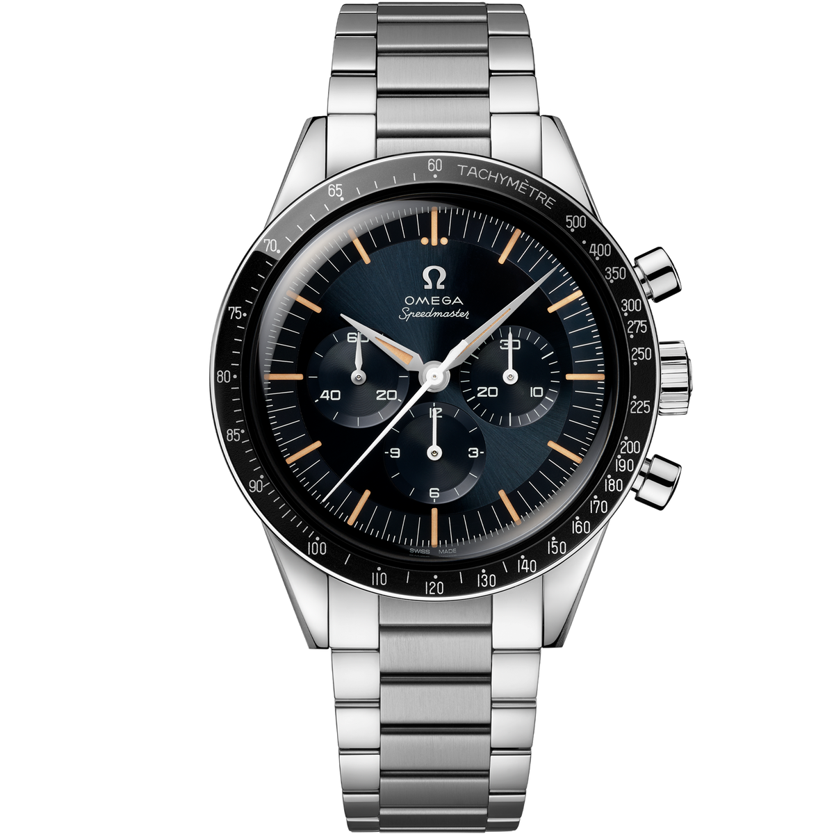 OMEGA Speedmaster First OMEGA in Space 310.30.40.50.06.001, 39.7 mm steel with blue-grey dial – front view