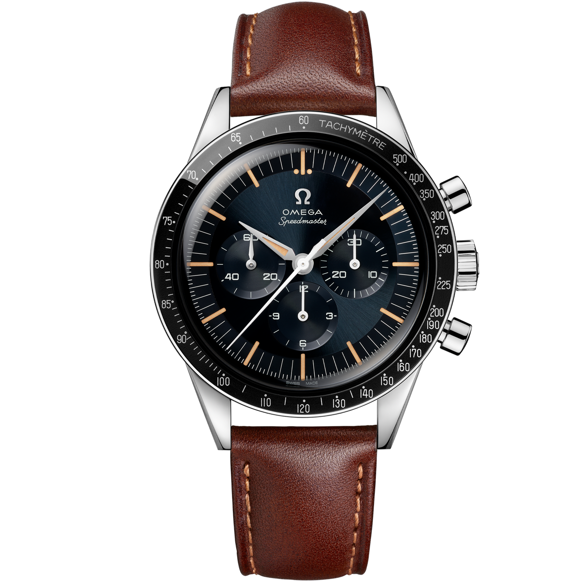 OMEGA Speedmaster First OMEGA in Space 310.32.40.50.06.002, 39.7 mm steel with blue-grey dial – front view