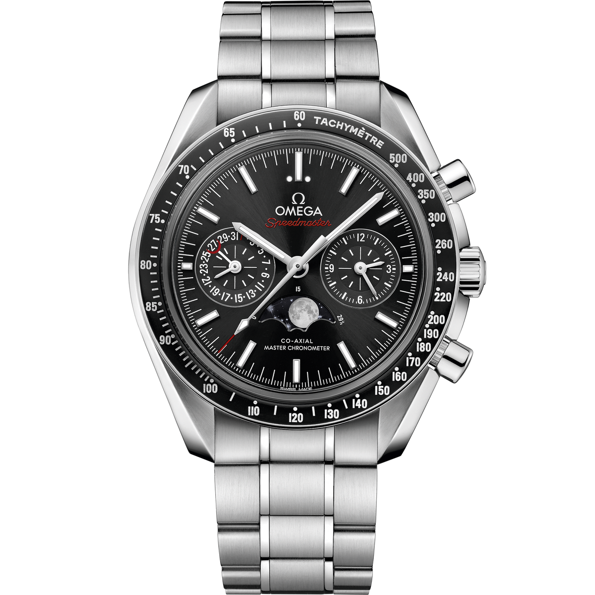 OMEGA Speedmaster Moonphase 304.30.44.52.01.001, 44.25 mm steel with black dial – front view