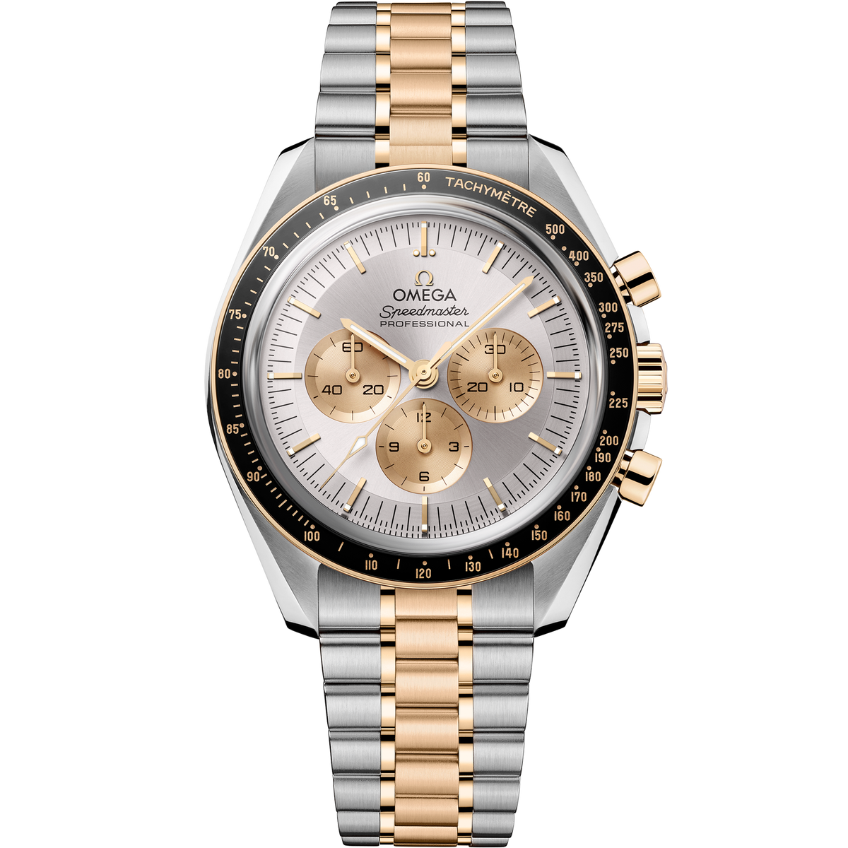 OMEGA Speedmaster Moonwatch Professional 310.20.42.50.02.001, 42 mm steel & moonshine™ gold with silver dial – front view