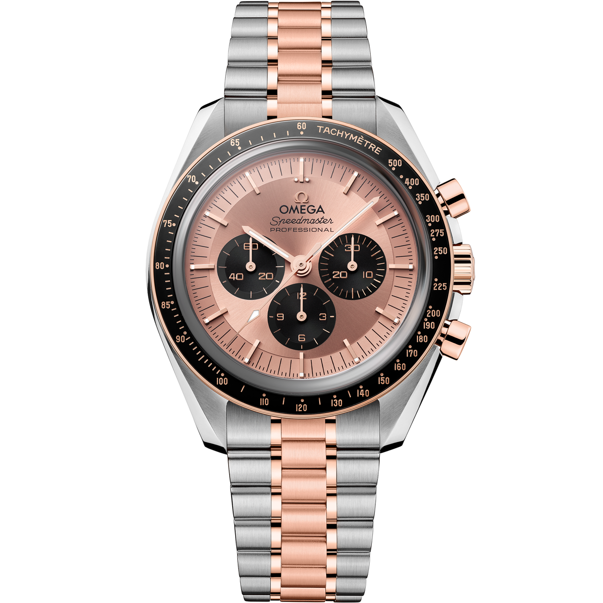 OMEGA Speedmaster Moonwatch Professional 310.20.42.50.99.001, 42 mm steel & sedna™ gold with pink dial – front view