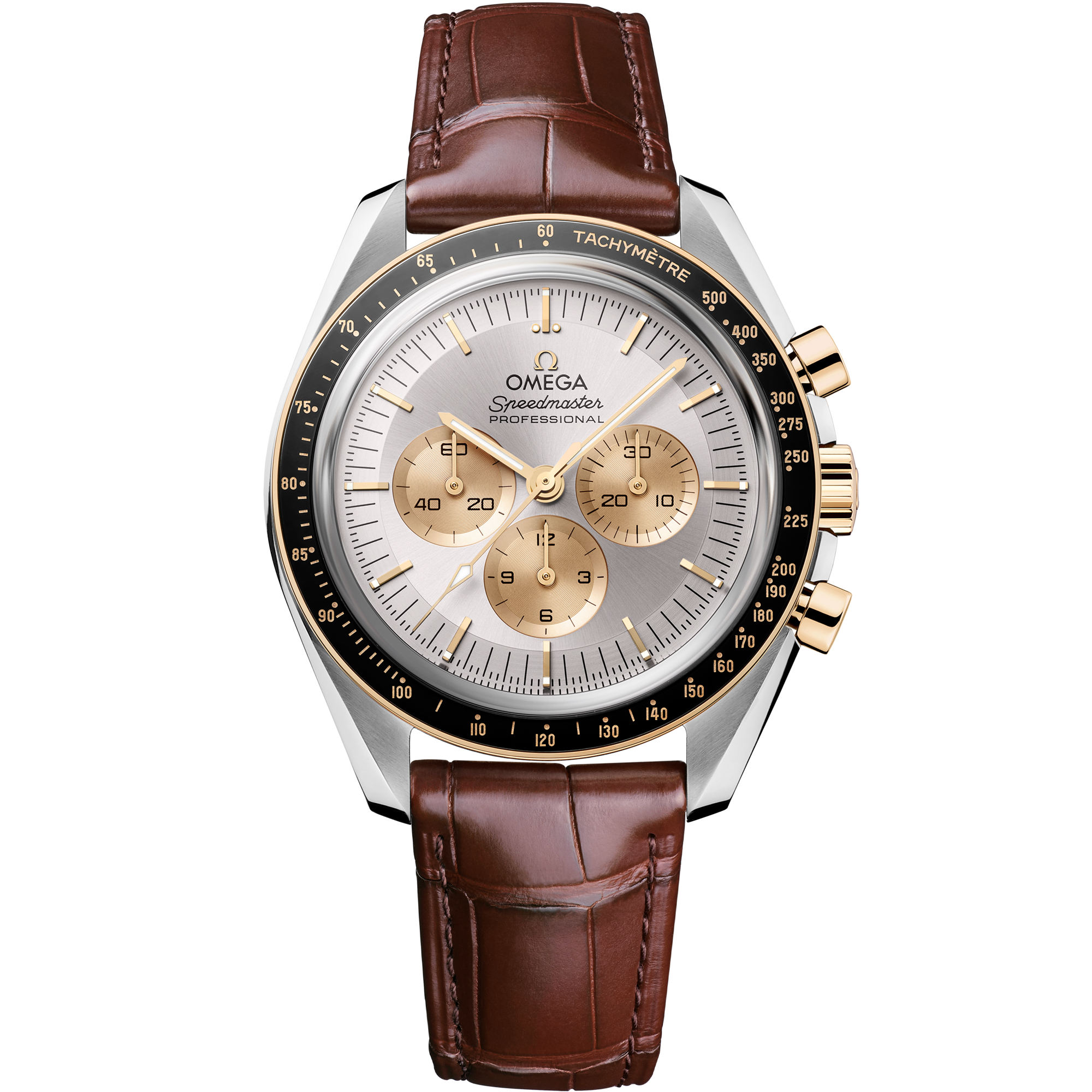 Omega Speedmaster Moonwatch Professional 310.23.42.50.02.001 42 mm Steel & Moonshine™ Gold Silver Dial Brown Alligator Strap Watch for Men