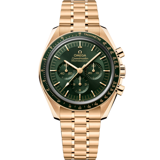 OMEGA Speedmaster Moonwatch Professional 310.60.42.50.10.001, 42 mm moonshine™ gold with green dial – front view