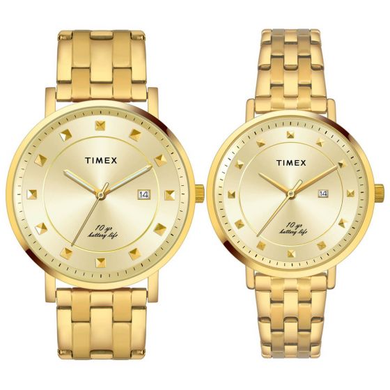 TIMEX EMPERA PAIRS CHAMPAGNE DIAL ROUND CASE 10 YEAR BATTERY LIFE + DATE FUNCTION WATCH -TW00PR280