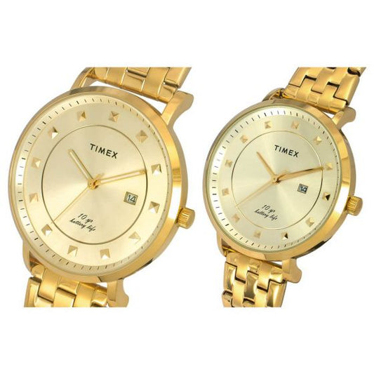 TIMEX EMPERA PAIRS CHAMPAGNE DIAL ROUND CASE 10 YEAR BATTERY LIFE + DATE FUNCTION WATCH -TW00PR280