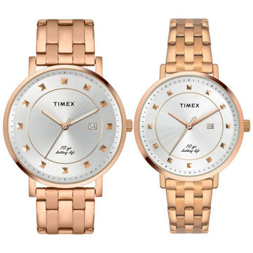 TIMEX EMPERA PAIRS SILVER DIAL ROUND CASE 10 YEAR BATTERY LIFE + DATE FUNCTION WATCH -TW00PR281