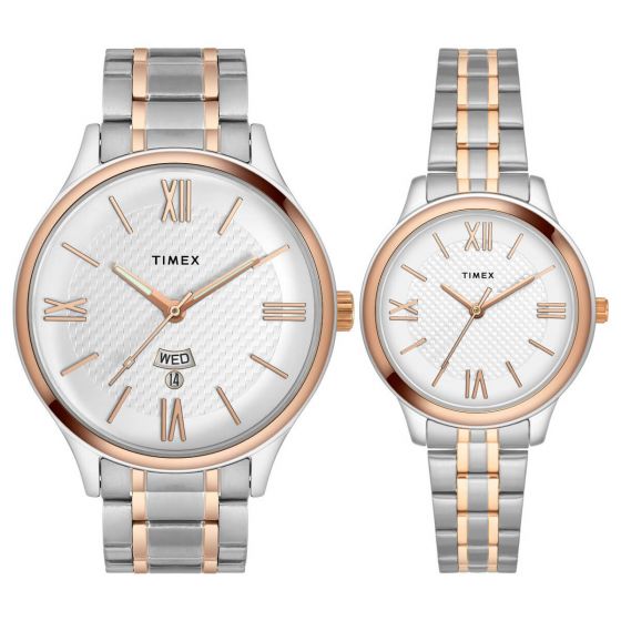 TIMEX EMPERA PAIRS SILVER DIAL ROUND CASE DAY-DATE + 3 HANDS FUNCTION WATCH -TW00PR285