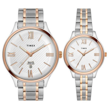 TIMEX EMPERA PAIRS SILVER DIAL ROUND CASE DAY-DATE + 3 HANDS FUNCTION WATCH -TW00PR285
