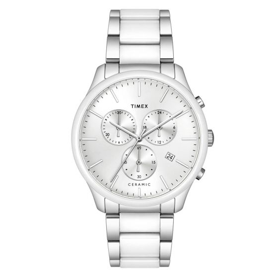 TIMEX FASHION MEN'S SILVER DIAL ROUND CASE CHRONOGRAPH FUNCTION WATCH -TWEG21700