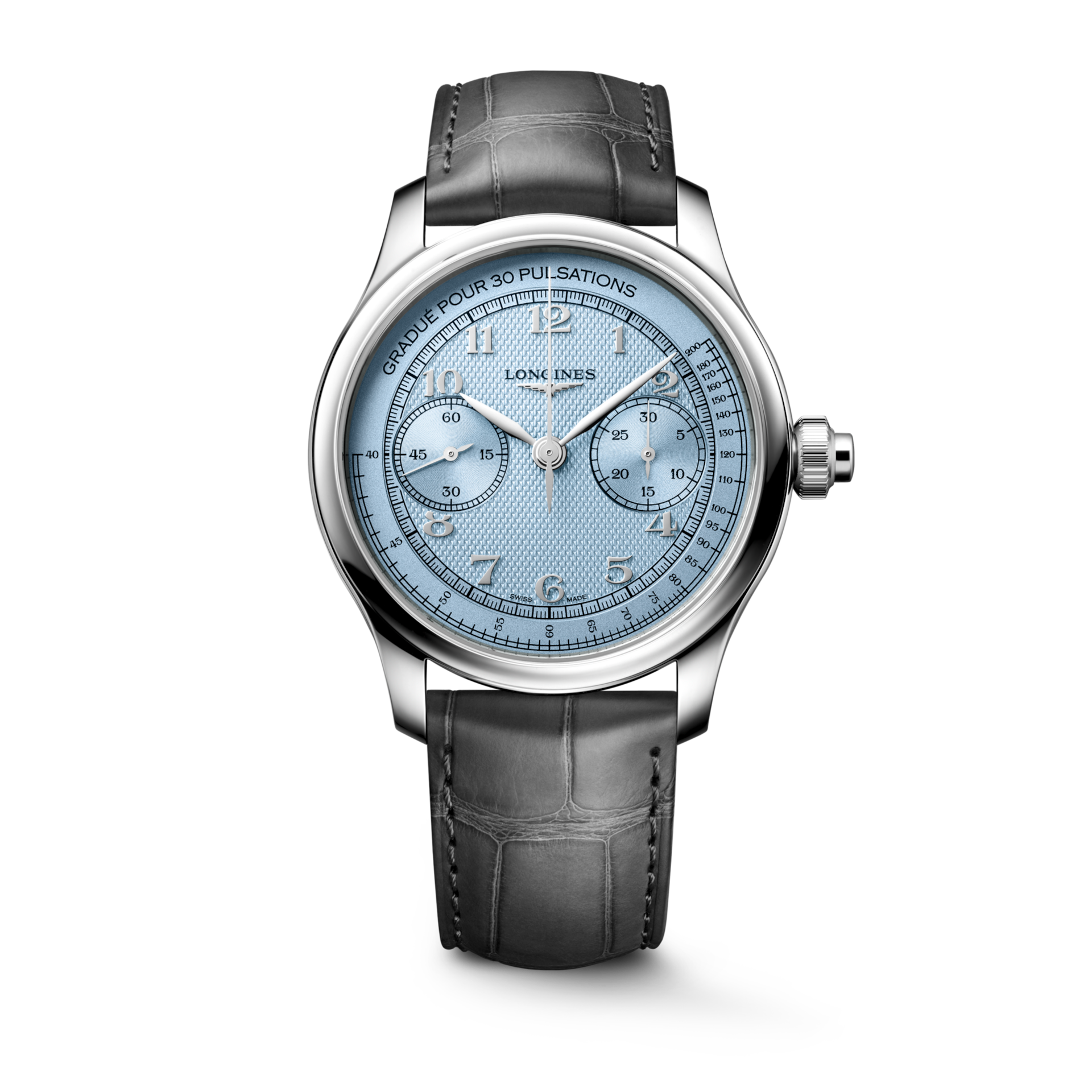 Longines Master Men Frosted Blue Dial Chronograph MonoPusher Alligator leather Watch L29604932
