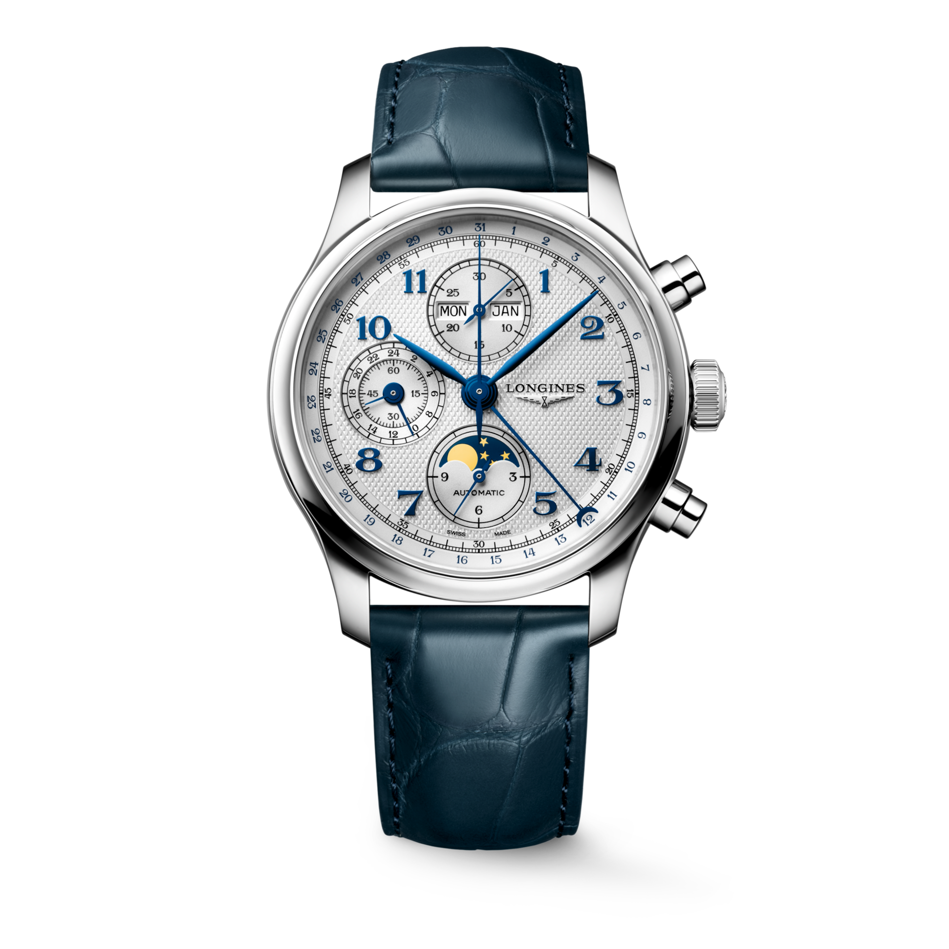 Longines Master Moonphase Men Automatic Silver Dial Chronograph Alligator Leather Watch L29624732