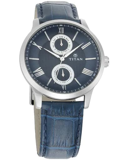 Titan On Trend Blue Dial Blue Leather Strap Men's Watch 90100SL02 - Kamal Watch Company