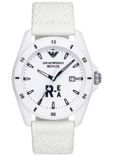 Emporio Armani R-EA Three-Hand White Recycled Polyester Denim Watch - Kamal Watch Company
