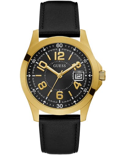 GUESS GOLD TONE CASE BLACK GENUINE LEATHER WATCH - Kamal Watch Company