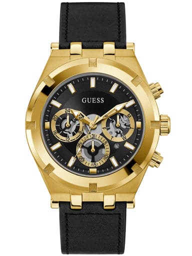 GUESS GOLD TONE CASE BLACK GENUINE LEATHER WATCH - Kamal Watch Company