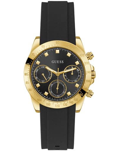 Guess Gold Tone Case Black Silicone Watch