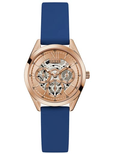 GUESS ROSE GOLD TONE CASE BLUE SILICONE WATCH - Kamal Watch Company
