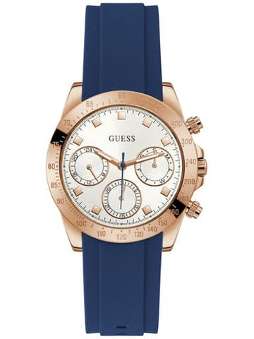 GUESS ROSE GOLD TONE CASE BLUE SILICONE WATCH - Kamal Watch Company