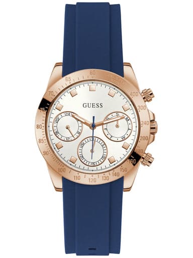 GUESS ROSE GOLD TONE CASE BLUE SILICONE WATCH - Kamal Watch Company