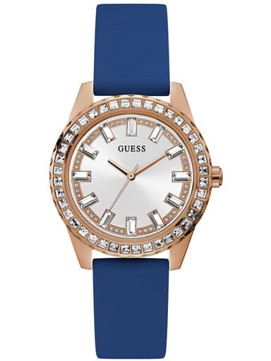 GUESS ROSE GOLD TONE CASE BLUE SILICONE WATCH - Kamal Watch Company