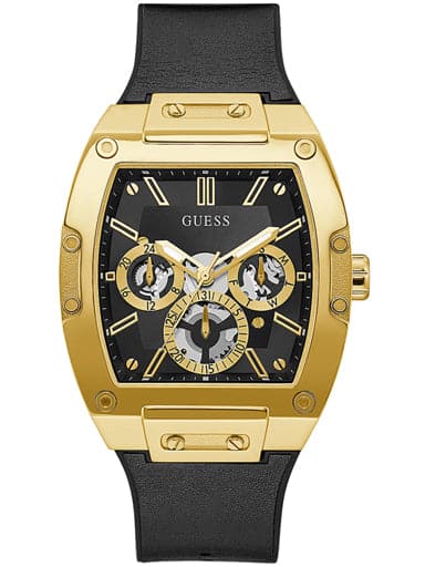GUESS GOLD TONE CASE BLACK GENUINE LEATHER/SILICONE WATCH - Kamal Watch Company