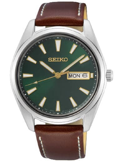 Seiko Discover More Leather Strap Green Dial Watch - Kamal Watch Company
