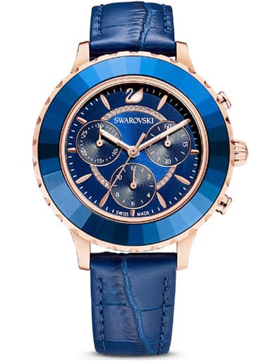 Swarovski Octea Lux Chrono watch Leather strap, Blue, Rose-gold tone PVD 5563480 - Kamal Watch Company