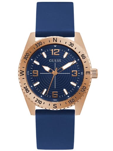GUESS ROSE GOLD TONE CASE BLUE SILICONE WATCH GW0361G1 - Kamal Watch Company