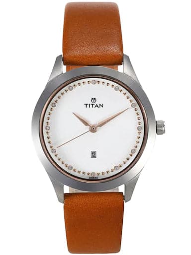 Titan Sparkle White Dial Brown Leather Strap Women's Watch NN2570SL02 - Kamal Watch Company