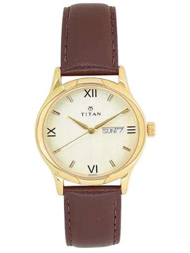 Titan Champagne Dial Brown Leather Strap Men's Watch NP1580YL05 - Kamal Watch Company