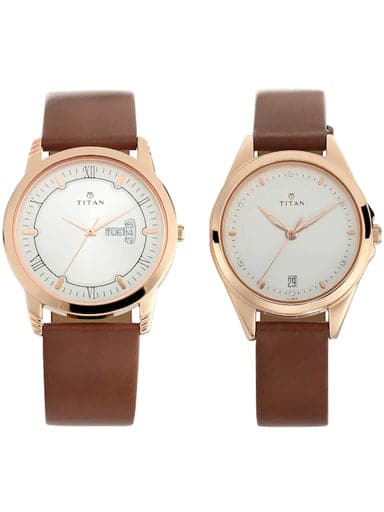 TITAN Bandhan Silver White Dial Leather Pair Watches NP17742565WL01 - Kamal Watch Company