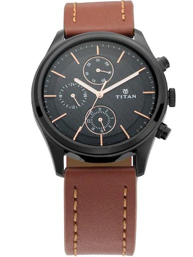 TITAN Workwear Watch with Black Dial & Brown Leather Strap - Kamal Watch Company