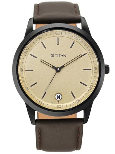 TITAN Workwear Watch with Golden Dial & Leather Strap 1806NL02 - Kamal Watch Company