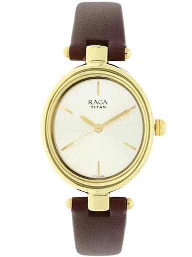 Titan Raga Champagne Dial Leather Strap Women's Watch NP2579YL01 - Kamal Watch Company