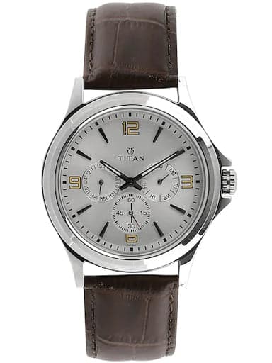 Titan Multi-Function Silver Dial Brown Leather Strap Men's Watch NP1698SL01 - Kamal Watch Company