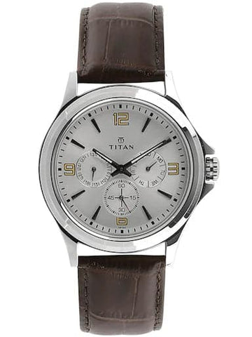 Titan Multi-Function Silver Dial Brown Leather Strap Men's Watch NP1698SL01 - Kamal Watch Company