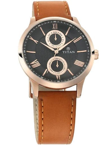 Titan On Trend Black Dial Brown Leather Strap Men's Watch NN90100WL02 - Kamal Watch Company