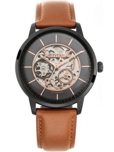 Titan Automatic Black Dial Tan Brown Leather Strap Men's Watch NP90110NL01 - Kamal Watch Company