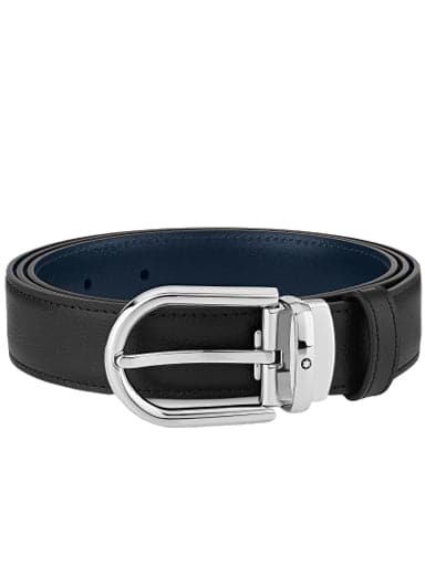 MONTBLANC Horseshoe buckle black/blue 30 mm reversible leather belt MB128756 - Kamal Watch Company