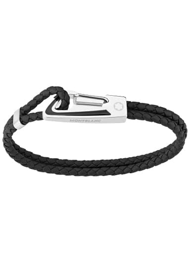 MONTBLANC Bracelet in Woven Black Leather with Steel Carabiner Closure and Black Lacquer Inlay MB11855660 - Kamal Watch Company
