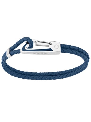 MONTBLANC Bracelet in Woven Blue Leather with Steel Carabiner Closure and Blue Lacquer Inlay MB11855460 - Kamal Watch Company