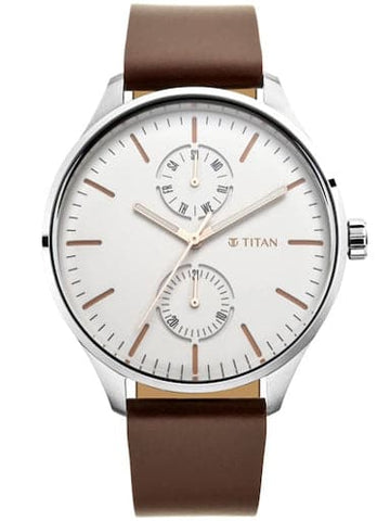 TITAN Evoke White Dial Brown Leather Strap Watch NP1833SL02 - Kamal Watch Company